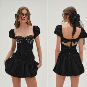 NWT For Love & Lemons Mckenna Mini Bubble Hem Lace Bustier Dress Black X-Large